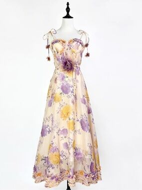 Floral Tie-Shoulder Maxi Dress in Lavender & Yellow